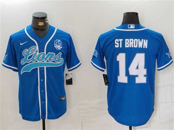 Mens Detroit Lions #14 Amon-Ra St. Brown Blue With 90th Anniversary Patch Cool Base Stitched Baseball Jersey